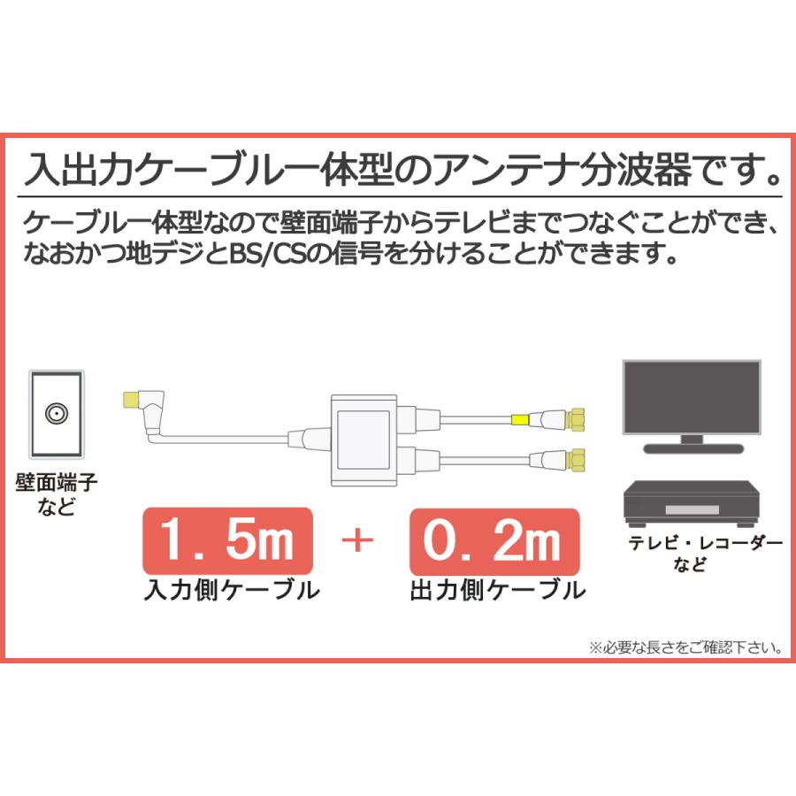 4K8K放送対応 アンテナ分波器 (BS/CS/地デジ対応) ケーブル一体型 F型-F型(0.2m) 4Cケーブル1.5m 金メッキ ホワイトまたはブラック | 富士パーツ商会 | 04