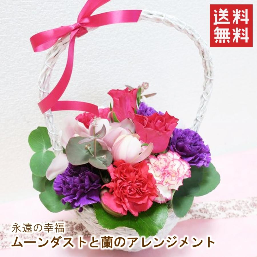 アレンジメント「ムーンダストと蘭のアレンジメント」 誕生日 生花 プレゼント ギフト  お祝い 紫 カーネーション