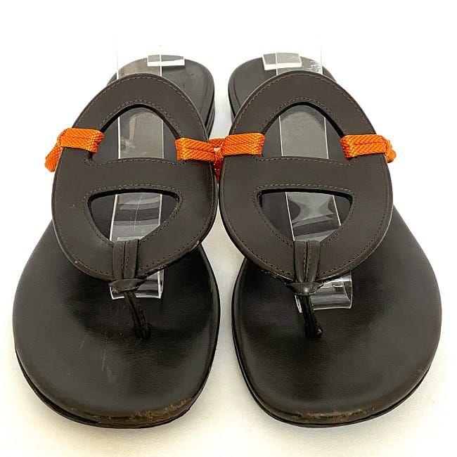 HERMES エルメス サンダル ブラウン オレンジ シェーヌダンクル 美品 