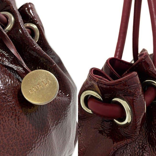 FURLA フルラ ハンドバッグ ワインレッド エナメル 巾着 パテント 