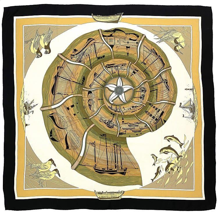 エルメス スカーフ カレ 90 ベージュ ホワイト ブラック 海の仲間達-