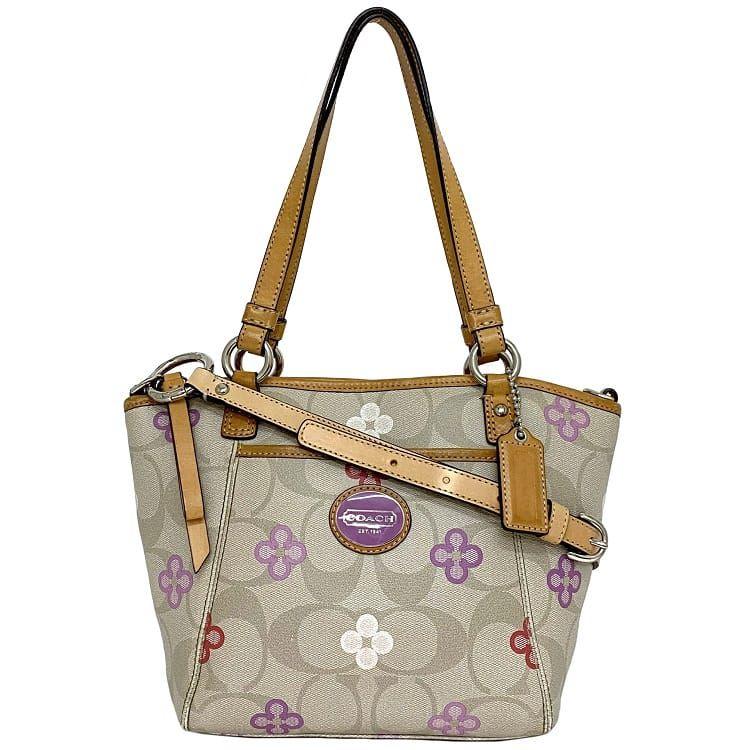 コーチ 良品 2way 多収納シグネチャー シルバー金具 ハンドバッグ ベージュ COACH コーチ 2way ショルダー バッグ グレー ベージュ マルチ