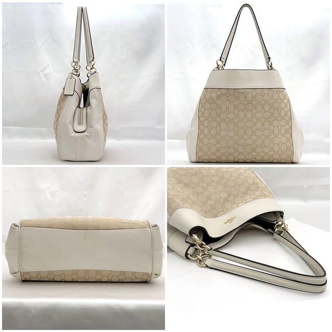 コーチ トートバッグ ec-23009 ホワイト クリーム シグネチャー F27579 美品 レザー キャンバス 中古 COACH 軽い チャーム付 肩掛け 本革 シンプル ロゴ 定番 人気 レディース 鞄 トート バッグ 白色 白 お洒落 通学 通勤 仕事 高級感 ブランド 本物 鑑定済み COACH（コーチ） トートバッグ ec-23009 ホワイト クリーム