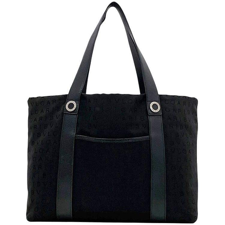ブルガリ トートバッグ ec-23801 ブラック ロゴマニア 軽い ナイロン レザー 中古 BVLGARI ロゴ 黒 メンズ レディース 男女兼用 定番 人気 大容量 ビジネス 通勤 通学 肩掛け 男性 女性 布地バッグ 総柄 シルバー金具 ヴィンテージ ブランド 本物 鑑定済み BVLGARI（ブルガリ） トートバッグ ec-23801 ブラック ロゴマニア 軽い