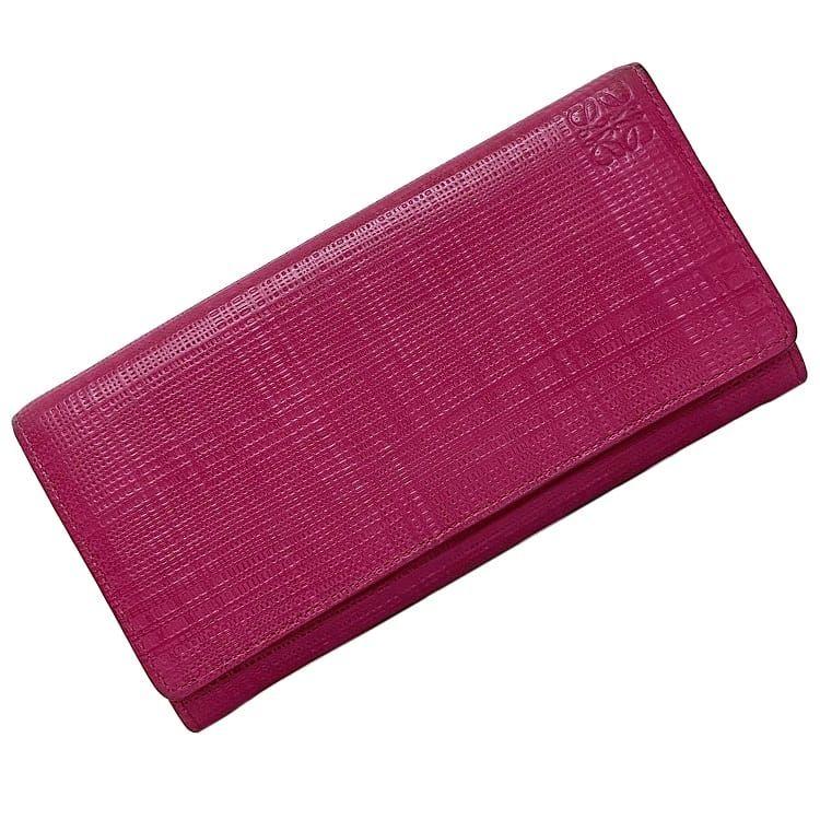ロエベ 二つ折り 長財布 ピンク ゴールド リネン 美品 レザー 中古 