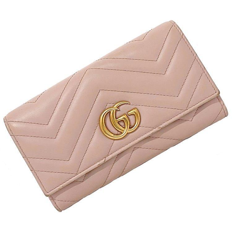 GUCCI✨長財布　マーモント　シボレザー　フラップ　ゴールドロゴ　ピンク GUCCI マーモント長財布レザーブラックピンクゴールド