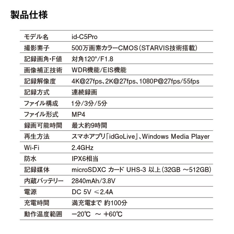 ドライブレコーダー 4K EIS 9時間連続録画 手ブレ補正 2輪車向け バッテリー内蔵 バイク用 自転車用 キックボード 自転車 id-C5Pro |  | 17