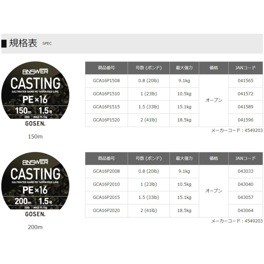 ゴーセン/GOSEN アンサー キャスティングPEX16 150m ピンク GCA16P15 0.8, 1, 1.5, 2号 16本組PEライン16ブレイド 国産・日本製ANSWER CASTING｜f-marin｜09