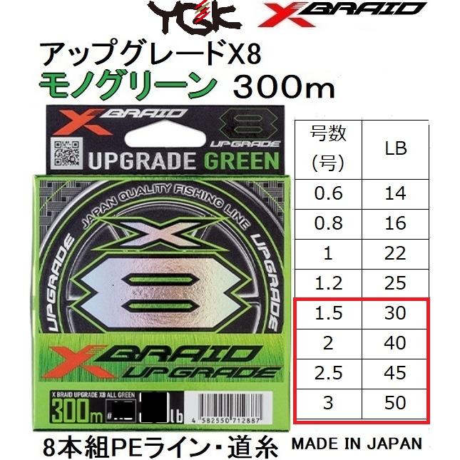 YGK・よつあみ XBRAID アップグレードX8 モノグリーン 300m 1.5, 2 