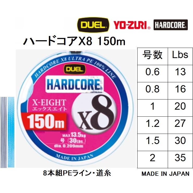 送料無料限定セール中 デュエル DUEL ハードコアX8 150m 0.6 0.8 1 2号 現品 1.5 1.2 メール便対応 8本組PEライン国産 日本製