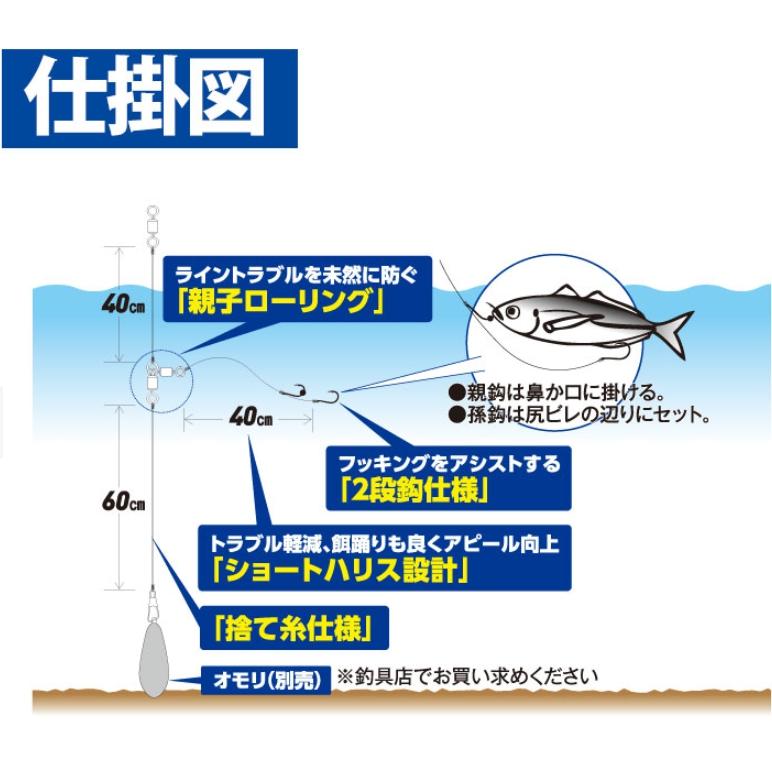 ハヤブサ/Hayabusa 泳がせ・のませ五目胴突仕掛2段鈎 HD304 M,Lサイズ 6-6号,8-8号 全長1m 堤防泳がせ仕掛 青物 根魚  フラットフィッシュ｜f-marin｜03