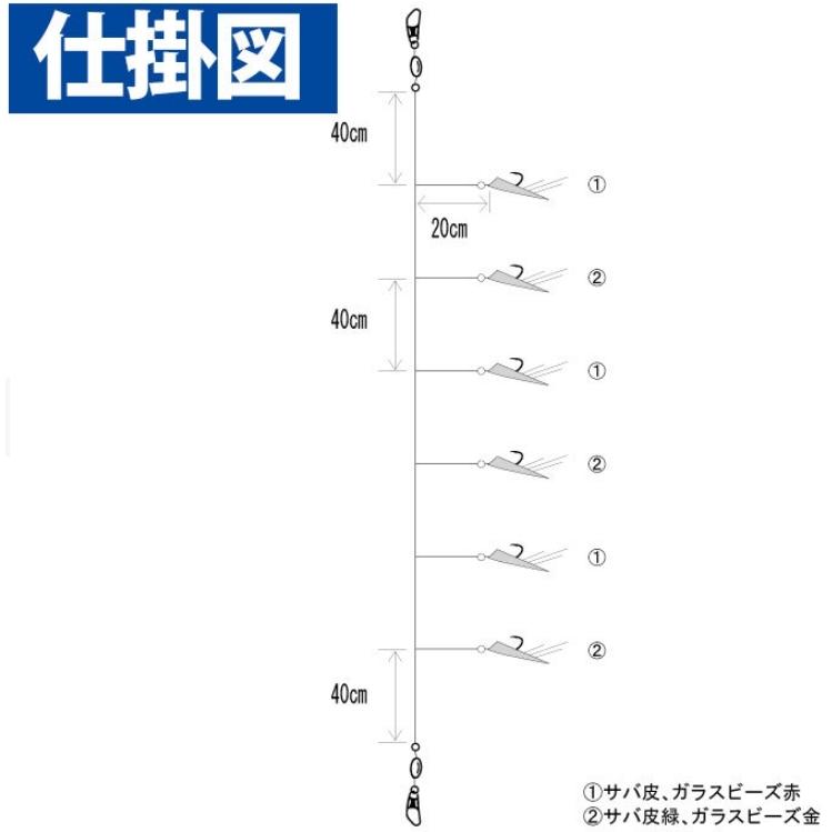ハヤブサ/Hayabusa 船極メバル・アジ ロングシラスカットきらめき&MIXサバ皮レインボー SD724 新アジ胴打6本鈎 2.8m 6,7,8,9,10,11号 船用サビキ仕掛け｜f-marin｜03