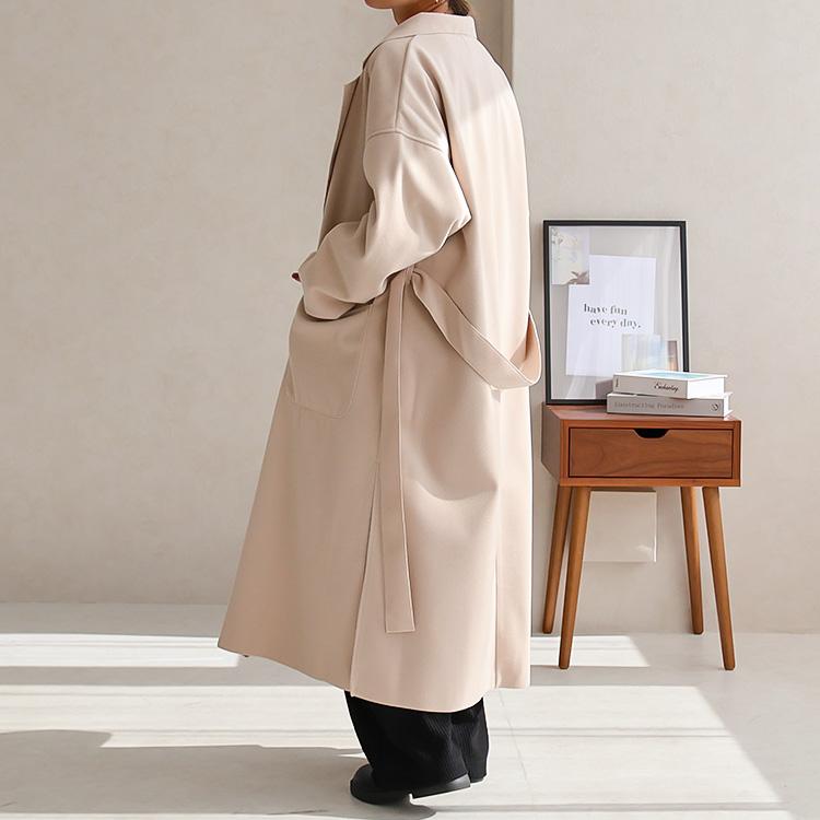 コート レディース シングル衿 サイドスリット ビッグロングコート ベルト付き ガウンコート 秋 スプリングコート 大きいサイズ ゆったり