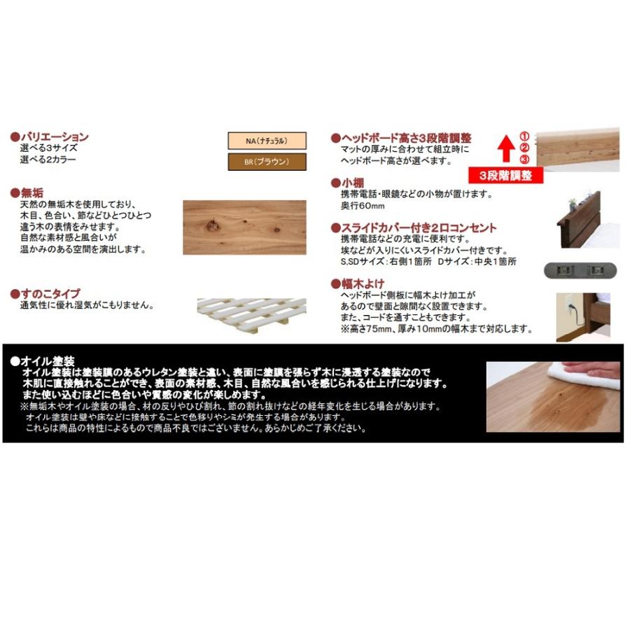 Granz(グランツ) ベッドフレーム ジオーク 3サイズ対応（S/SD/D）ニレ無垢 ２色対応：NA/BR 2口コンセント付 スノコタイプ 送料無料(玄関前まで)
