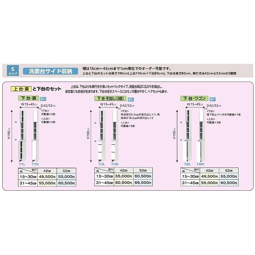 サニタリー すきまくん 洗面台サイド収納 上台・扉+下台・引出し3段 THL/THR 左右開きあり 幅：15~45cm/奥行：42/52cm 開梱設置送料無料_2