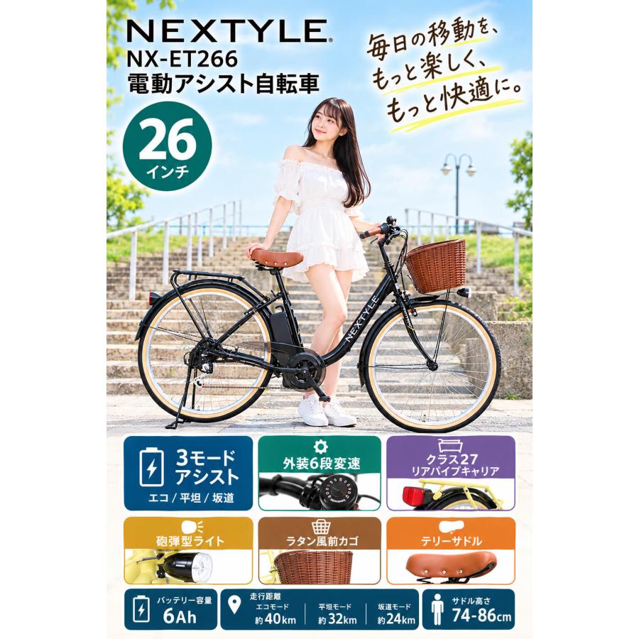 電動アシスト自転車 26インチ 完成品 3アシスト＆6段変速 砲弾型ライト リアパイプキャリア 両立スタンド ネクスタイル NEXTYLE E-City 26 NX-ET266 | NEXTYLE | 04