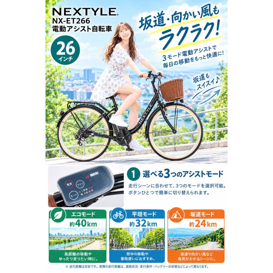 電動アシスト自転車 26インチ 完成品 3アシスト＆6段変速 砲弾型ライト リアパイプキャリア 両立スタンド ネクスタイル NEXTYLE E-City 26 NX-ET266 | NEXTYLE | 05