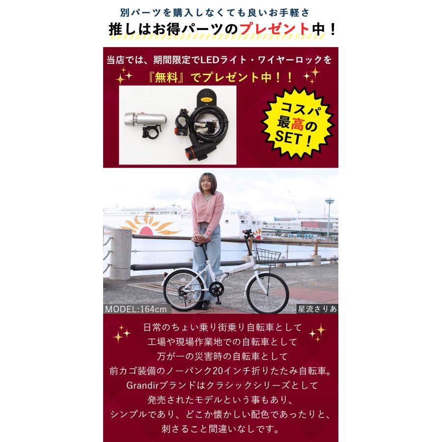 パンクしない 折りたたみ自転車 20インチ 完成品出荷 / 置き配可能 ノーパンクタイヤ ライト＆カギ シマノ6段変速 グランディール Grandir GR-206N｜f-select｜16