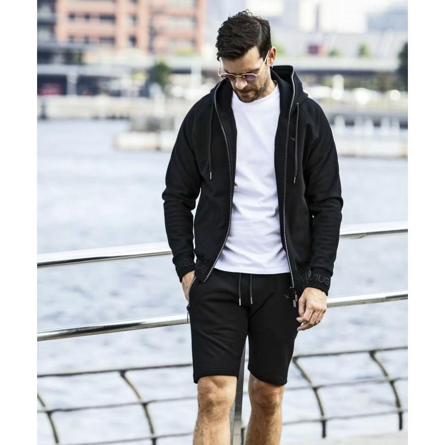 1PIU1UGUALE3 RELAX リブ刺繍ラインストーンジップ フーディー