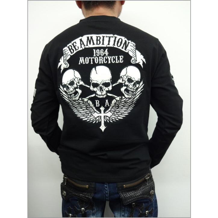 Be Ambition 長袖Ｔシャツ メンズ トリプル/スカル ドクロ柄 PU刺繍 ウイング 十字刺繍 Vネック 春秋冬 黒 おしゃれ カッコイイ ブランド ちょいワル
