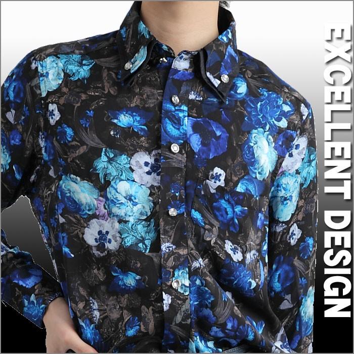 花柄シャツ メンズ 青ブルー 二重衿ドレスシャツ クリスタル調ボタンダウンシャツ ブランド おしゃれ Dp32 Ao Fts メンズファッション ちょいワル おしゃれ 通販 Yahoo ショッピング
