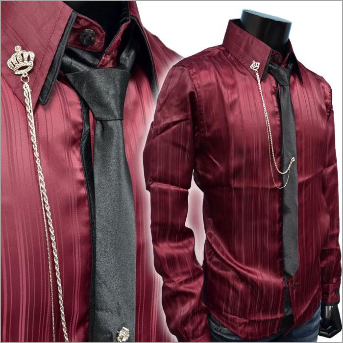 ２枚衿ドレスシャツ ナロータイ チェーンアクセ付 ランダムシャドーストライプ 光沢調 ワインレッド 長袖メンズシャツ ブランド おしゃれ Ts 5045re Fts メンズ通販 モテ系 ちょいワル 通販 Yahoo ショッピング