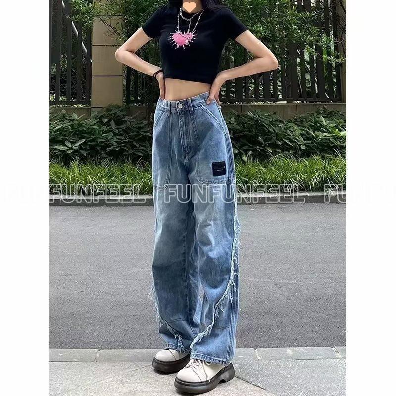 デニムワイドパンツ ハイウエスト ジーンズ ウェーブデザイン