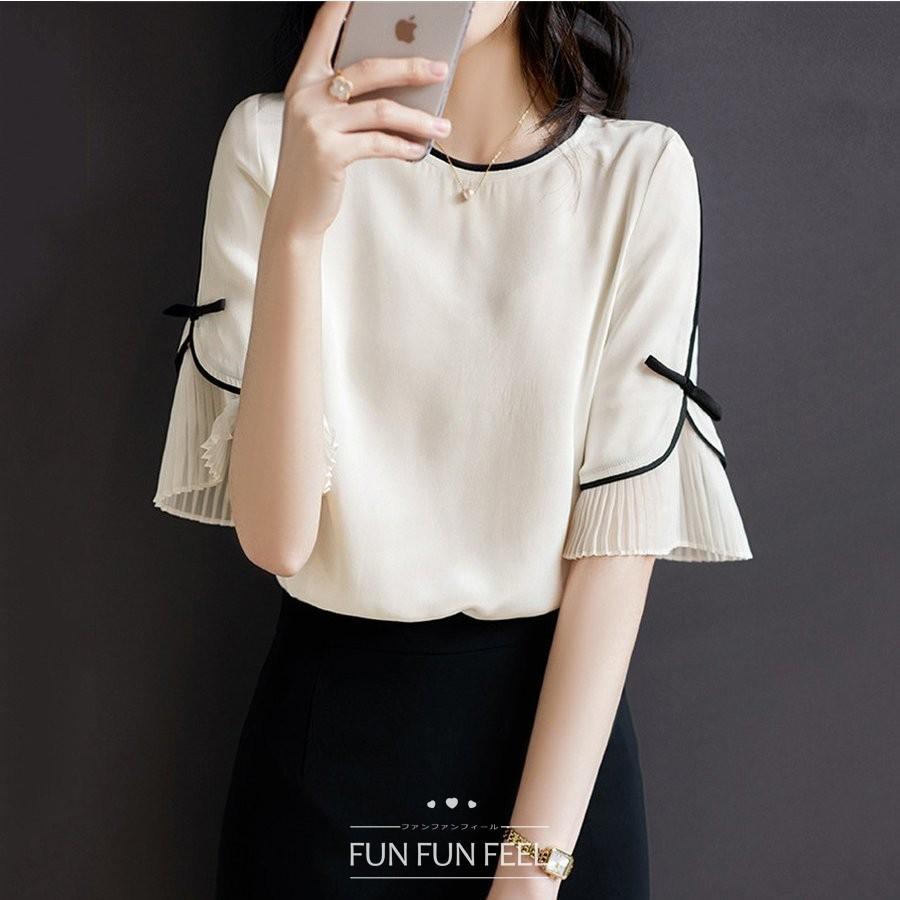 ブラウス レディース 40代 春夏新作 オシャレブラウス 白シャツ 半袖トップス 全ての ゆったり 通勤ol 50代 リボン 大人上品 シャツ30代 プリーツ切り替え