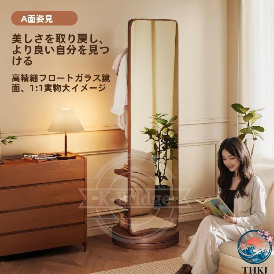 衣類 整理 玄関 寝室全身ミラー スタンドミラー ハンガー ラック 洋服 回転 THKJ スリム 収納トレー付き 大型 北欧 木製台 省スペース 帽子 収納 一人暮らしの画像