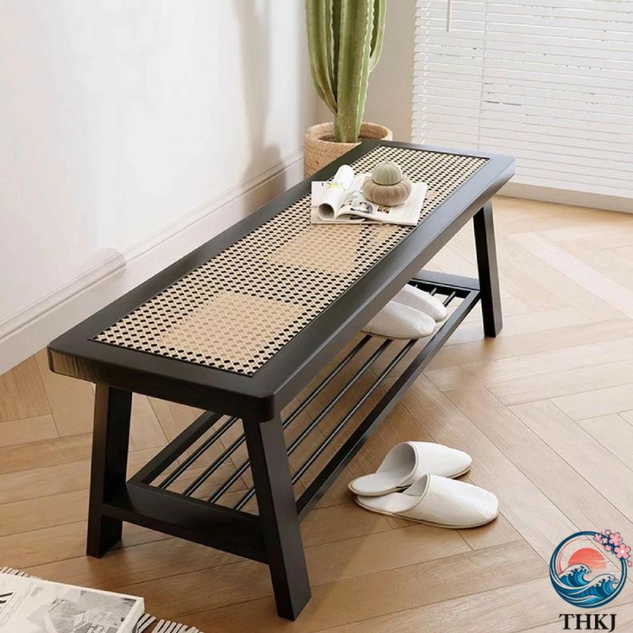 玄関 の靴ベンチ ベッド の端のベンチ 籐の 木製ベンチ THKJ 廊下の リビング ルーム用の靴 ラック Beige 100cm 39.4in 人気 おしゃれ 快適 清潔 簡単_9