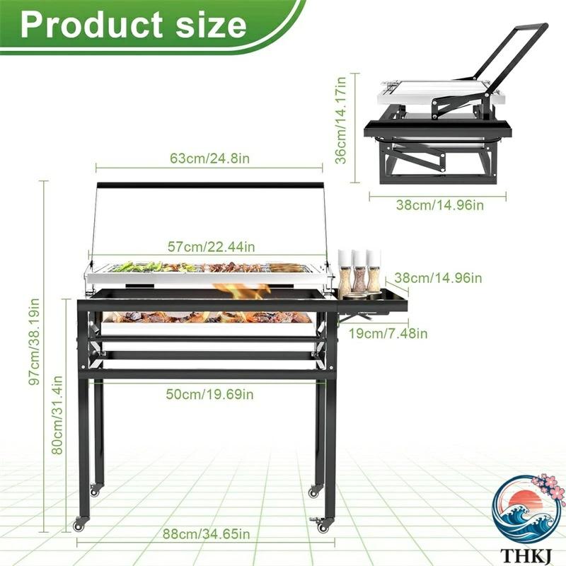 バーベキューコンロ bbq 焚き火台 大型 10人用 火力調節可能 360度回転可能な調理グリッド THKJ 取り外し可能なトレイ 調節可能なスチール ラック を備えたポーの画像