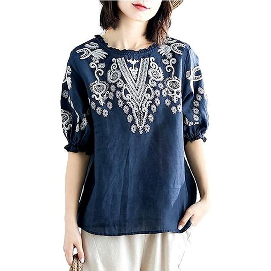 ニブンノイチスタイル ブラウス 刺 ふんわり ギャザー デザイン 白紺 ボヘミアン レディース 紺 M M Sale 57 Off