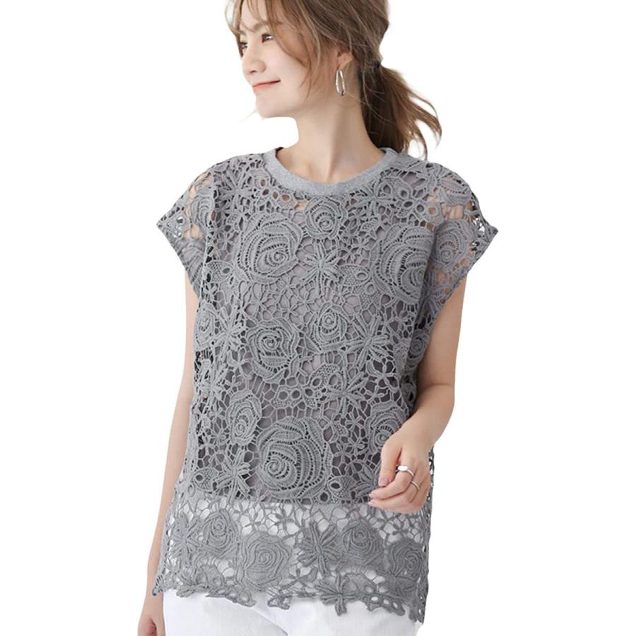 マリアマーファ 花柄 レース トップス レディース シースルー フレンチ スリーブ Tシャツ 夏服 重ね着 インナー 総レース シャツ ノースリー Keser No