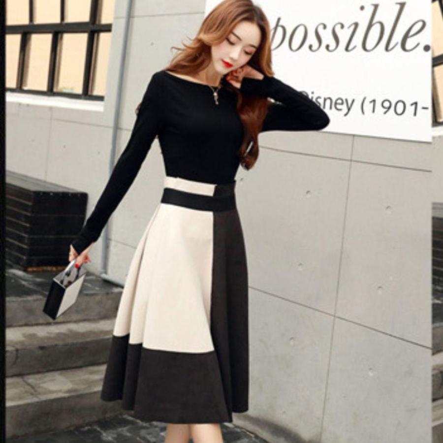 トップス スカート ベルト ３点セット セパレート ワンピース パーティードレス　ロングスカート 長袖ワンピース スウェード