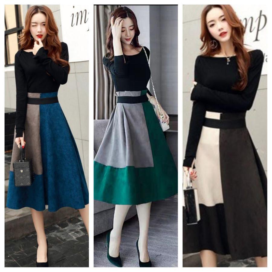 トップス スカート ベルト ３点セット セパレート ワンピース パーティードレス　ロングスカート 長袖ワンピース スウェード