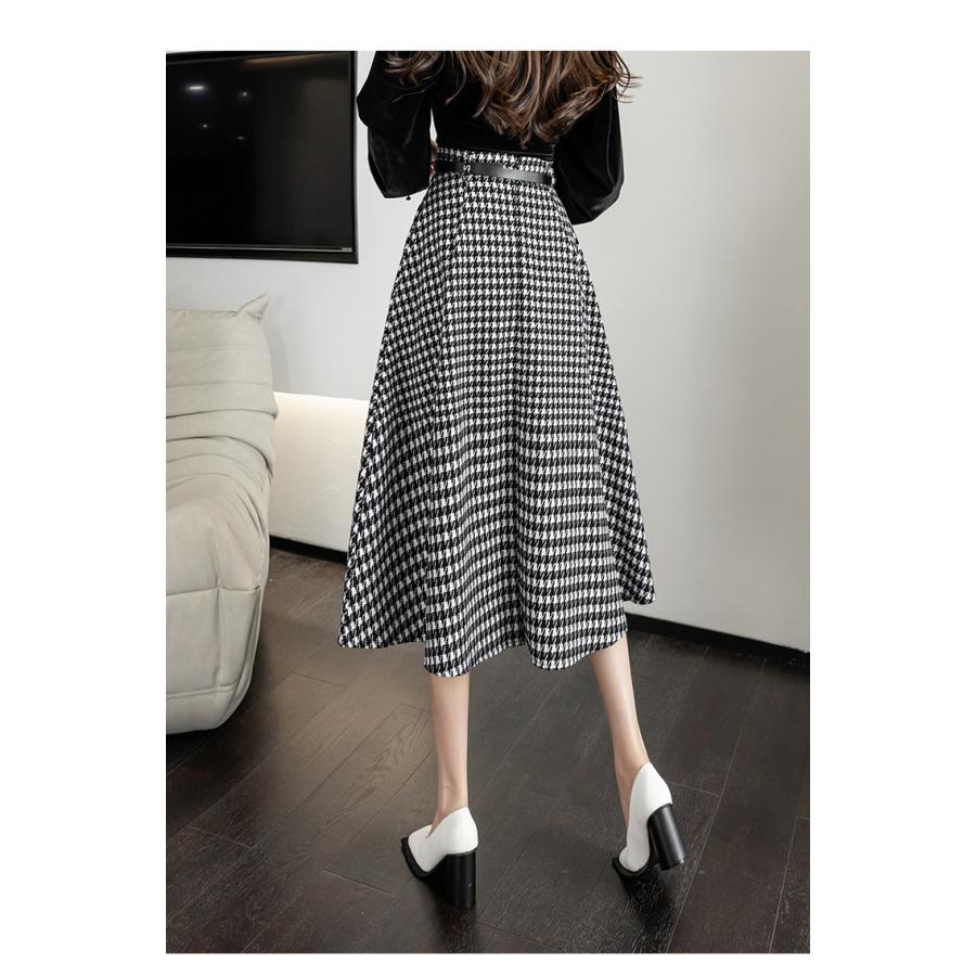 スカート ロングスカート 千鳥格子柄 マキシ丈 フレアスカート ベルト