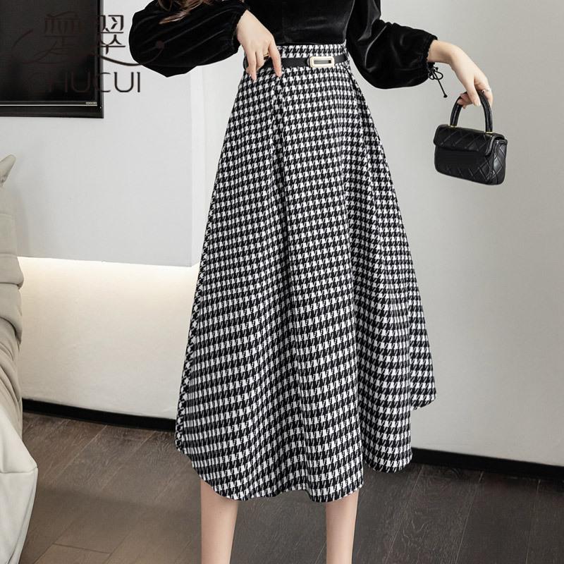 スカート ロングスカート 千鳥格子柄 マキシ丈 フレアスカート ベルト