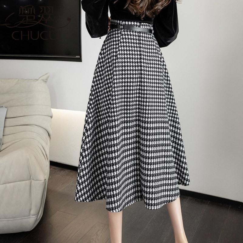 スカート ロングスカート 千鳥格子柄 マキシ丈 フレアスカート ベルト