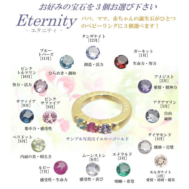 3石エタニティベビーリング　10K ホワイトゴールド リングに刻印できて3個の宝石が選べるベビーリング エタニティ