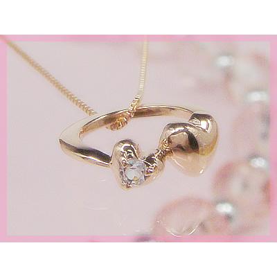 刻印できるダブルハートべビーリング K10ピンクゴールド アクアマリン ネックレスチェーン付き