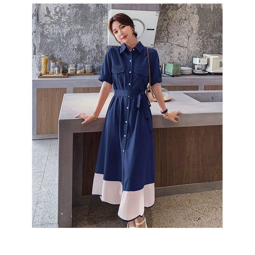 超p祭sale ワンピース レディース ファッション 代 30代 40代 50代 女性 春 夏服 バイカラー フレアワンピース 半袖 レトロかわいい 春夏 ミモレ丈