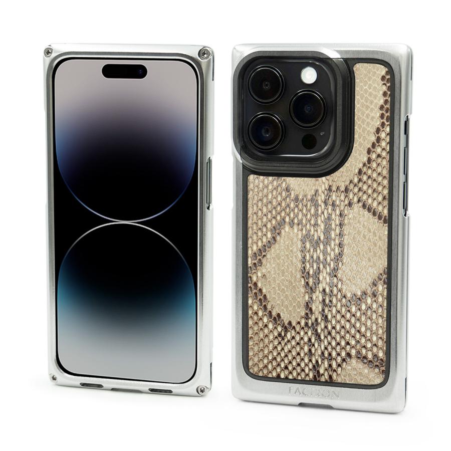 FACTRON iPhone 14Pro用 超ジュラルミン削り出しジャケット SIMPLEX for iPhone14Pro シャイニーシルバー×パイソンレザー　超ジュラルミン｜factron｜02