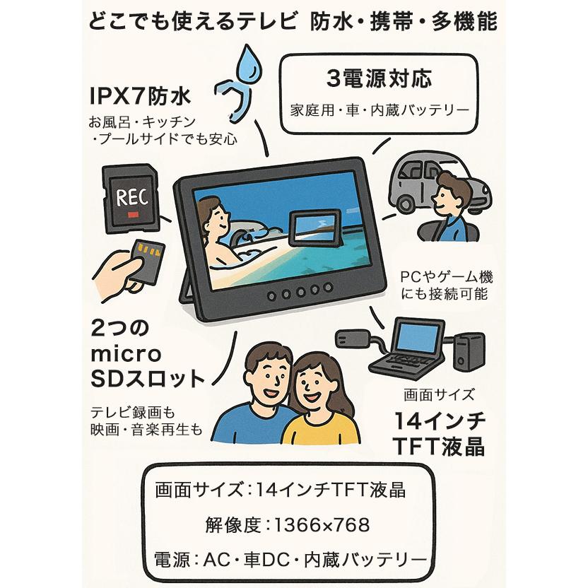 防水 テレビ ポータブル 地デジ DVD対応 IPX7 お風呂テレビ microSD