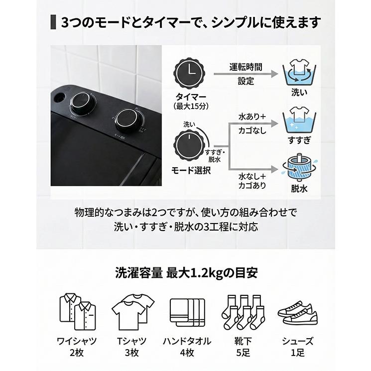 靴洗い 小型洗濯機 1.2kg ブラシ付き 一人暮らし 分け洗い 簡易脱水 タイマー15分 防水IPX4 1.5mコード RM-225TE |  | 03
