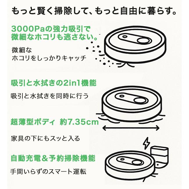 ロボット掃除機 自動掃除機 ロボット T7 吸引力3000Pa 水拭き同時 静音55dB 超薄型7.35cm スマホ連携 120分稼働 ペット毛対応 24ヶ月保証 |  | 01