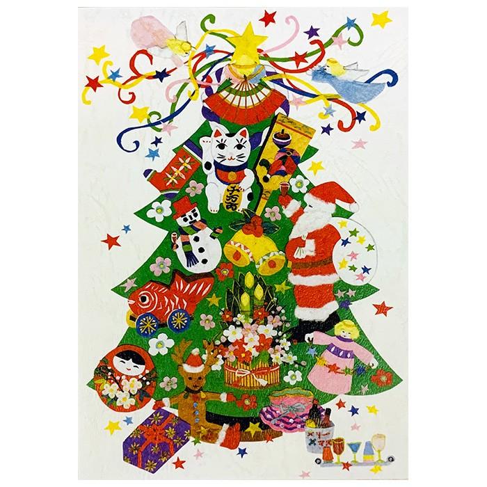 クリスマスカード 和風 【F20-602】 貼り絵 クリスマスツリー グリーティングカード 多目的 メッセージカード 和紙 冬 福井朝日堂 通販 ポストカード 北欧クリスマス② サンタ 絵はがき 絵ハガキ グリーティングカード