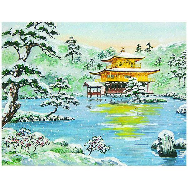 クリスマスカード 和風金閣寺 雪 松 グリーティングカード 多目的 メッセージカード 冬 和紙 福井朝日堂