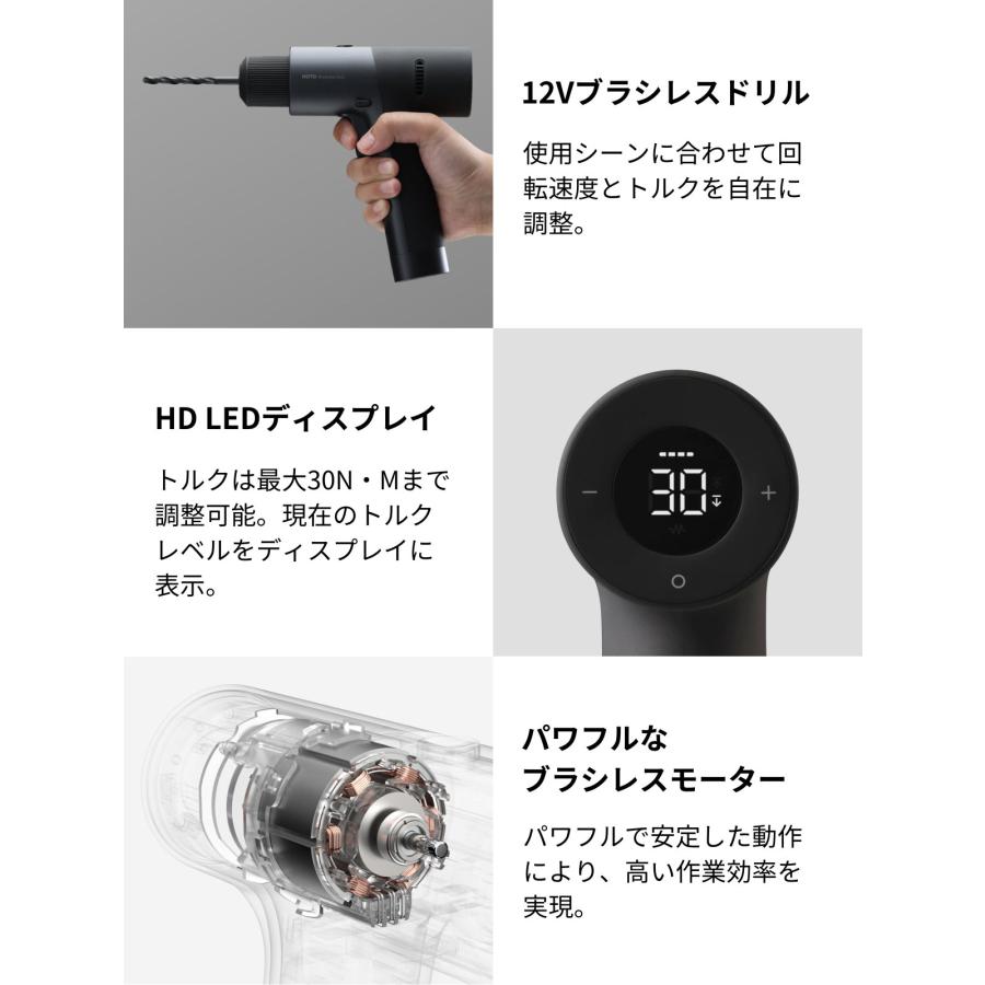 HOTO 12V ブラシレスドリルドライバーセット 工具セット 最大30N・M 