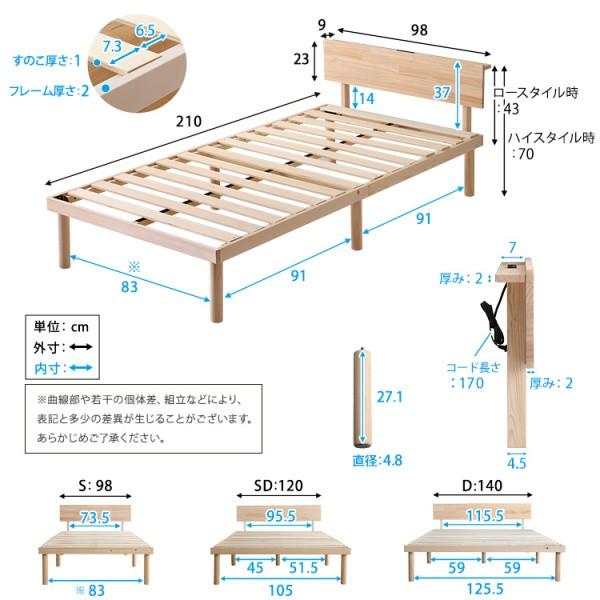 ダブル ベッド 宮セット すのこベッド 宮 棚 2口 コンセント 2段階 高