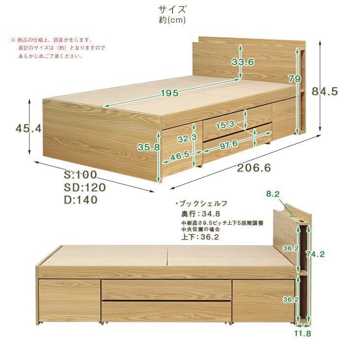 シングル ベッド 収納ベッド ベッドフレーム 収納 ブックシェルフ 2口